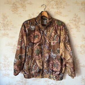 Vintage 80s 90s Out Brook brown and tan multicolor boho print silk bomber jacket